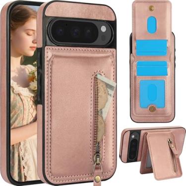 Imagem de CCSmall Capa carteira para Google Pixel 9 Pro XL com porta-cartões compatível com MagSafe, carteira magnética destacável 2 em 1 com bolso com zíper, capa de couro PU para Pixel 9 Pro XL ZFT ouro rosa