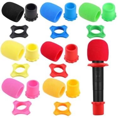 Imagem de Conjunto de 10 capas de microfone de espuma de proteção de microfone de mão, incluindo 10 peças de capa de para-brisa de microfone de espuma, 10 peças de anel de silicone, 10 peças de suporte de manga