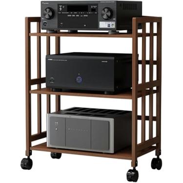 Imagem de LGEOELIAS Suporte de mídia de 3 camadas, suporte para leitor de CD com prateleira de madeira ajustável em altura, organizador de componentes estéreo de entretenimento para casa/escritório/teatro