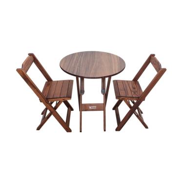 Imagem de Mesa Dobrável de Madeira Redonda 70cm com 2 Cadeiras Imbuia - Tarimatã