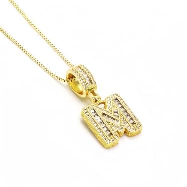 Imagem de IN Chenthy Colar masculino com letras bufantes de ouro 18 K - Corrente cubana Hip-Hop com pingente de cubo de gelo de zircônia AAA, 45 cm + 5 cm de comprimento ajustável, Gold M, Aço inoxidável, Sem