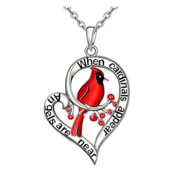 Imagem de Colar feminino com pingente de pássaro vermelho cardeal delicado coração joia memorial (prata), Metal, Sem Pedra Preciosa