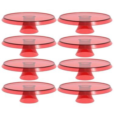 Imagem de Kit 8 Bases Porta Bolos Tortas Doces 25cm com Pé Vermelho Transparente Glassy Crippa 