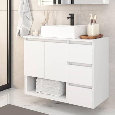 Imagem de Gabinete Banheiro Suspenso 80cm Vitória com 02 Portas 03 Gavetas e Nicho com Cuba Branco