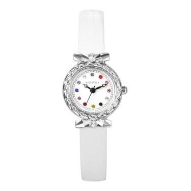 Imagem de JewelryWe Relógio feminino de couro de quartzo: relógios de pulso femininos analógicos pretos com mostrador redondo, pulseira ajustável, marcadores de diamante, pequenos, Branco