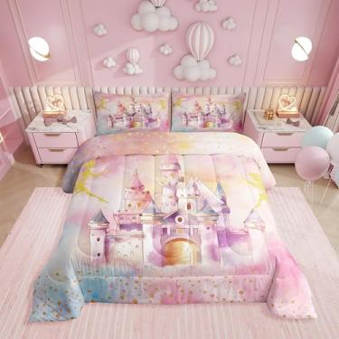 Imagem de Erosebridal Jogo de cama solteiro de princesa, castelo sonhador, fada, decoração de quarto infantil, edredom fofo arco-íris, reversível com 1 fronha, respirável