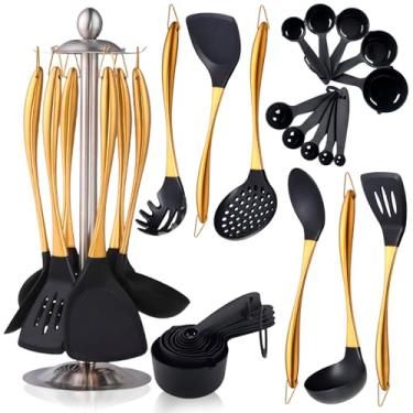 Imagem de Conjunto de utensílios de cozinha de silicone para cozinhar, conjunto de 17 utensílios de cozinha dourados com suporte giratório, conjunto de espátula de silicone resistente ao calor, utensílios de