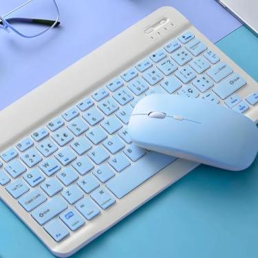 Imagem de Teclado e mouse Bluetooth ultrafino, portátil, recarregável, sem fio, para tablet Android, celular, smartphone, iPhone, iPad, mini, Pro, Air, Windows (Azul)