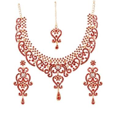 Imagem de Touchstone Conjunto de joias indianas para mulheres bollywood joias de ouro roupas de casamento conjuntos de colar brincos de noiva maang tikka fantasia chique meninas grandes acessórios desi strass