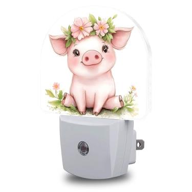 Imagem de FOISIIAEA Luzes Noturnas Com Tomada De Parede, Porquinho Fofo Coroa Flores, Luz Decorativa Anoitecer Ao Amanhecer, Sensor Inteligente, Lâmpada Led Redonda Para Quarto, Cozinha, Corredor, Noturna Mul