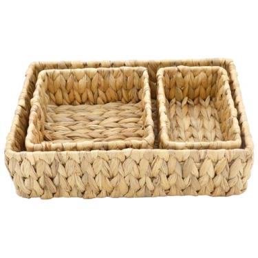 Imagem de Cesta de tecido com 3 peças, cesta de armazenamento de vime natural, 3 tamanhos, organizador rústico decorativo para casa, banheiro, cozinha