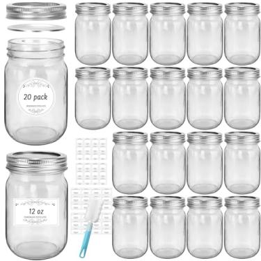 Imagem de Waymind Potes De Vidro Mason 12 Oz, Pacote Com 20 Conserva Boca Comum Tampas E Faixas Alumínio Prateado, Geleia Hermética Para Armazenamento Alimentos, Conservas, Fermentação, Mel, Geleia, Decoração