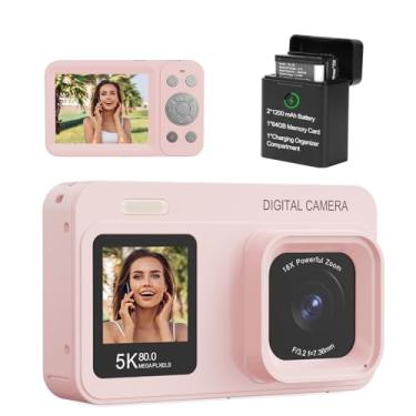 Imagem de Câmera digital de tela dupla 5K atualizada, câmera fotográfica Vlog de 80 MP para YouTube, campus, viagens, câmera compacta de apontar e fotografar para adolescentes e iniciantes com foco automático