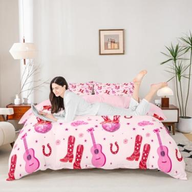 Imagem de Manfei Conjunto de capa de edredom Cowgirls, tamanho solteiro, botas de caubói vermelhas, conjunto de roupa de cama com ferraduras, 2 peças, chapéus rosa ocidental, capa de edredom com flores e