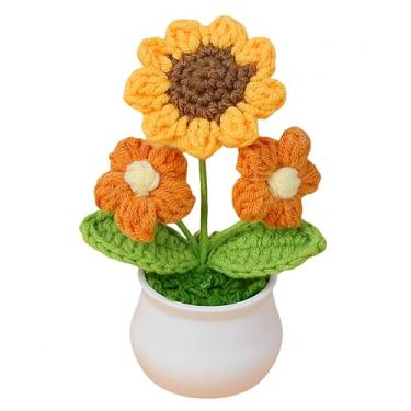 Imagem de JWlock Mini vaso feito à mão - flores artificiais de crochê tricotadas à mão para mesa de escritório, painel de carro e mesa de casa - Presente de planta sintética minúscula, sem manutenção (amarelo +