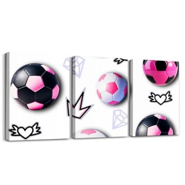 Imagem de Feelyou 3 peças de arte de parede em tela de futebol infantil para sala de estar, esportes, futebol, decoração de parede para sala de jantar, quarto, banheiro, branco e rosa, pintura de pôster de