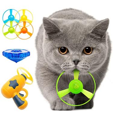 Imagem de Jumbostone Brinquedo Cat Fetch - Disco voador interativo com piões iluminados, hélices de LED e 4 hélices voadoras - Brinquedo de trilha de gato para caça, perseguição (amarelo)