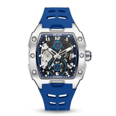 Imagem de MEGIR Relógio masculino mecânico automático, pulseira de silicone, caixa de liga de 43 x 50 mm, resistente à água 3 ATM, ponteiros luminosos, Azul