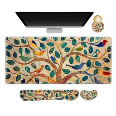 Imagem de Lauspuck Conjunto de tapete de mesa grande, mouse pad estendido para jogos com descanso de pulso, mouse pad ergonômico 4 em 1 com descanso de pulso combo de teclado para escritório em casa, pássaro de