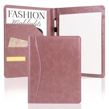 Imagem de AZXCG Pasta de couro PU para portfólio, pasta de currículo para entrevistas, porta-cartões de visita, organizador com almofadas legais A4, presente para ela (ouro rosa)