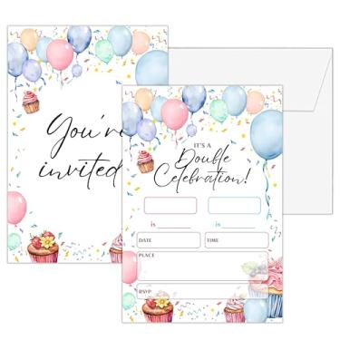 Imagem de Convites de aniversário menina, 25 cartões de convite de balões coloridos com envelopes, convites de aniversário conjuntos para suprimentos de decorações de festas-H20