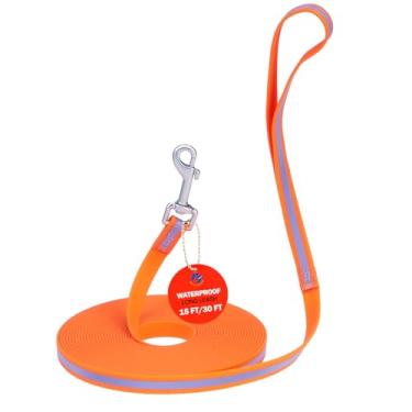 Imagem de DILLYBUD Coleira refletiva à prova d'água para treinamento - guia de linha longa resistente com alça de 15 pés/30 pés para cães pequenos, médios e grandes, acampamento ao ar livre, caminhadas e