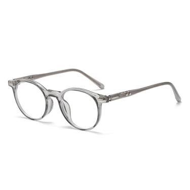 Imagem de Armação de óculos retrô clássica redonda feminina anti-luz azul com lentes transparentes e rebites da moda masculina (cinza)