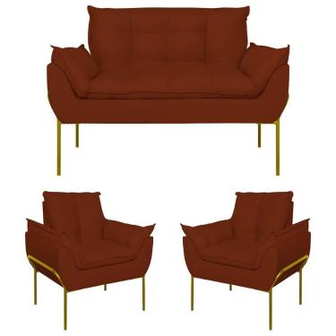 Imagem de Kit 2 Poltronas + Namoradeira Pé Metal Dourado Recepção Sala Terracota