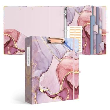 Imagem de Ospelelf Fichário com 3 argolas de 5 cm, fichário fofo para tamanho carta (28 cm x 21,5 cm) com 5 divisórias de abas, etiquetas de pasta de arquivo e pranchetas de baixo perfil, fichário de mármore rosa para material escolar e material de escritório