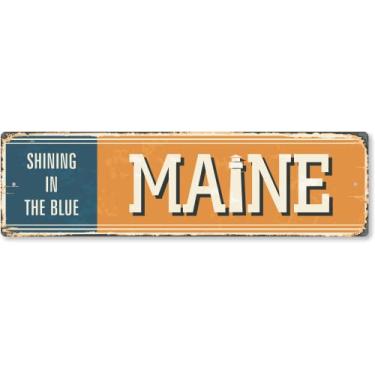 Imagem de SmartSign Placa de metal vintage do estado do Maine de 10 x 35 cm "Shining In The Blue", alumínio à prova de ferrugem de 40 mil com sobretudo transparente, decoração de parede retrô, multicolorido