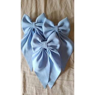 Imagem de Kit 10 Laços Grandes Brancos para Cabelo Presilha Bico de Pato Tecido Leve Confortável (Azul Claro)