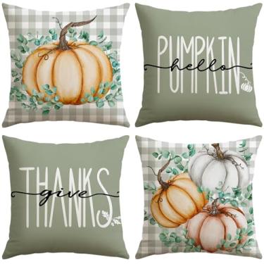 Imagem de Artscope Capas de almofada decorativas de outono 45,7 x 45,7 cm, conjunto de 4, Hello Pumpkin Give Thanks Buffalo xadrez casa de fazenda para casa sofá sofá cinza