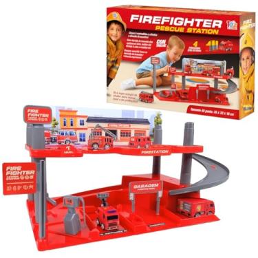 Imagem de Posto dos Bombeiros com 2 Andares Pista Garagem 4 Carrinhos Brinquedo Infantil