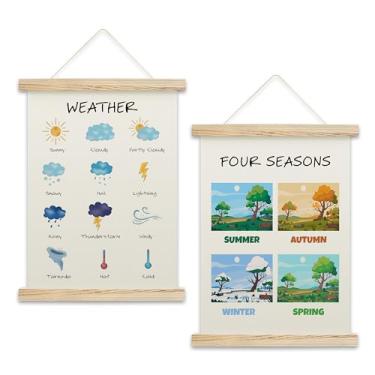 Imagem de Huastatewolf Moldura para pôster Four Seasons And Weather, pôsteres fofos de aprendizagem para crianças, decorações educativas para sala de jogos pré-escolar do ensino fundamental, 29 x 40 cm, 02