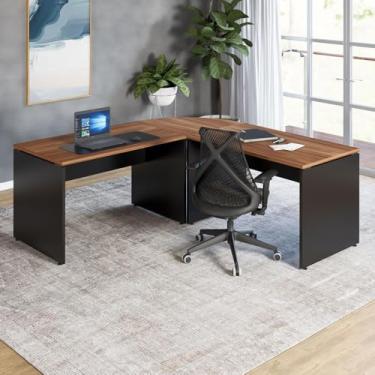 Imagem de Mesa L para Escritório Home Office Tampo 25mm (Nogal com Preto)