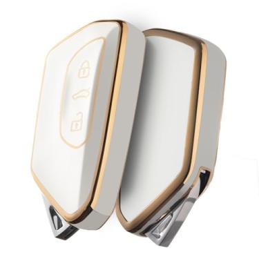 Imagem de ELOHEI Capa de chave para Volkswagen, capa de chave de carro TPU compatível com VW Golf 8, ID3, ID4, GTI, GTE, Seat Leon MK4, Tarraco, Ateca e Skoda Octavia (borda dourada branca)