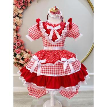 Imagem de Vestido Infantil Junino Vermelho Xadrez Com Babados Luxo - Fantasias, 