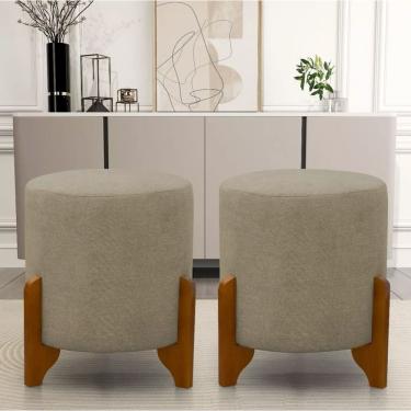 Imagem de Kit 2 Puff Redondo Linho Com Pés Em Madeira Maciça Decorativo Sala Quarto