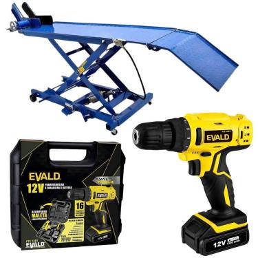 Imagem de Elevador Hidráulico de Motos até 350KG e Parafusadeira Furadeira à Bateria 12V e Kit EVALD