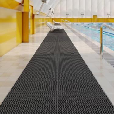 Imagem de WLWLEO Tapete antiderrapante para piso de 9 x 6 m à beira da piscina tapetes decorativos de PVC comercial grande com drenagem para banheiro garagem traseira cozinha piscina tapetes decorativos, preto