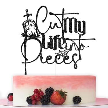 Imagem de Cut My Life Into Pieces Topo de bolo, Emo Party Night, Death to My Youth, Funeral Tema 30º 40º 50º Aniversário Decorações de Festa Preto Glitter