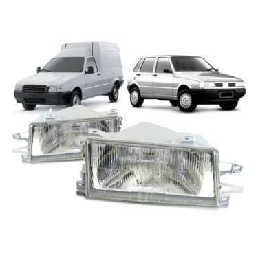 Imagem de Par de Faróis Uno, Fiorino, Prêmio, Elba 1991-2003, Máscara Cromada, Lente Raiada, Encaixe H4
