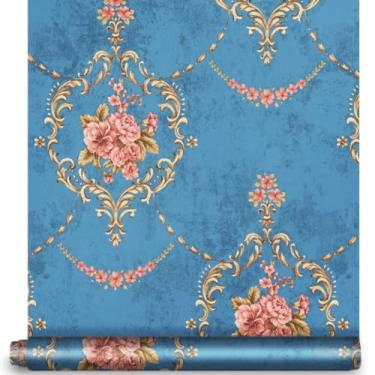 Imagem de YIFU LIFE Papel de parede damasco vintage 5454-1-10M vinil azul autoadesivo impermeável papel de contato para quarto banheiro paredes decoração de casa 45 cm x 10 m