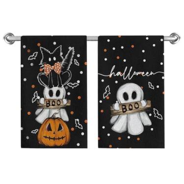 Imagem de Conjunto de 2 toalhas de prato de gato preto, abóbora, Dia das Bruxas, toalhas de prato Ghost Boo, 45,7 x 66 cm, toalhas de prato assustadoras para cozinha, banheiro, decoração de casa