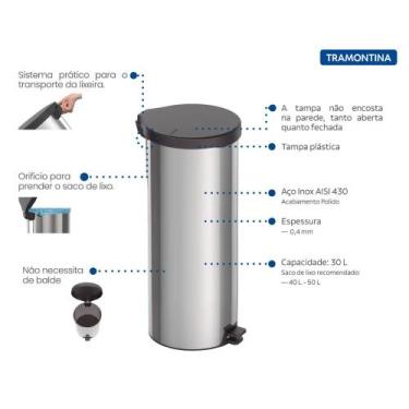 Imagem de Lixeira Inox com Pedal New Tramontina com Acabamento Polido 30 L