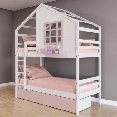 Imagem de Beliche Casinha com Janela e Gavetas Rosa Madeira Maciça Branco/ Rosa Housin
