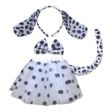 Imagem de Conjunto de 4 peças de fantasia de cachorro manchado, faixa de cabeça de orelha de cachorro longa cauda de cachorro curta saia tutu de malha cosplay gravata borboleta acessórios de fantasia de animal
