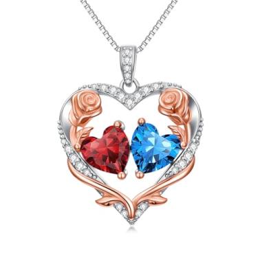 Imagem de Zoeniya Colar de coração rosa, presente para mulheres, banhado a ouro branco 18 k, pedra do mês de nascimento de 12 meses, presente de aniversário e Natal para sua esposa, namorada, 25mm, base