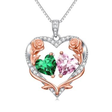 Imagem de Zoeniya Colar de coração rosa, presente para mulheres, banhado a ouro branco 18 k, pedra do mês de nascimento de 12 meses, presente de aniversário e Natal para sua esposa, namorada, 25mm, base
