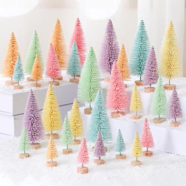 Imagem de Soulchen 30 peças de mini árvores de Natal pastel, centros de mesa para decoração de vila, escova de garrafa de sisal de Natal com base de madeira para enfeite de mesa de Natal, enfeites de inverno